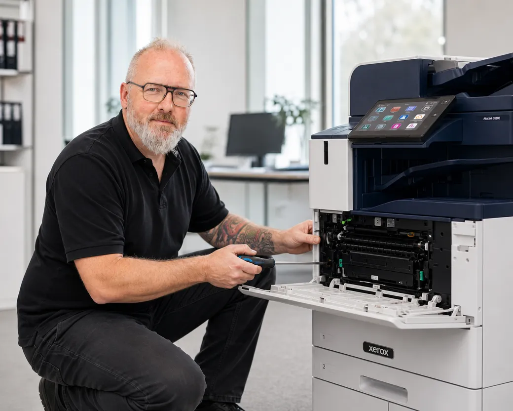 Servicetechniker bei der Wartung eines Multifunktionsdruckers