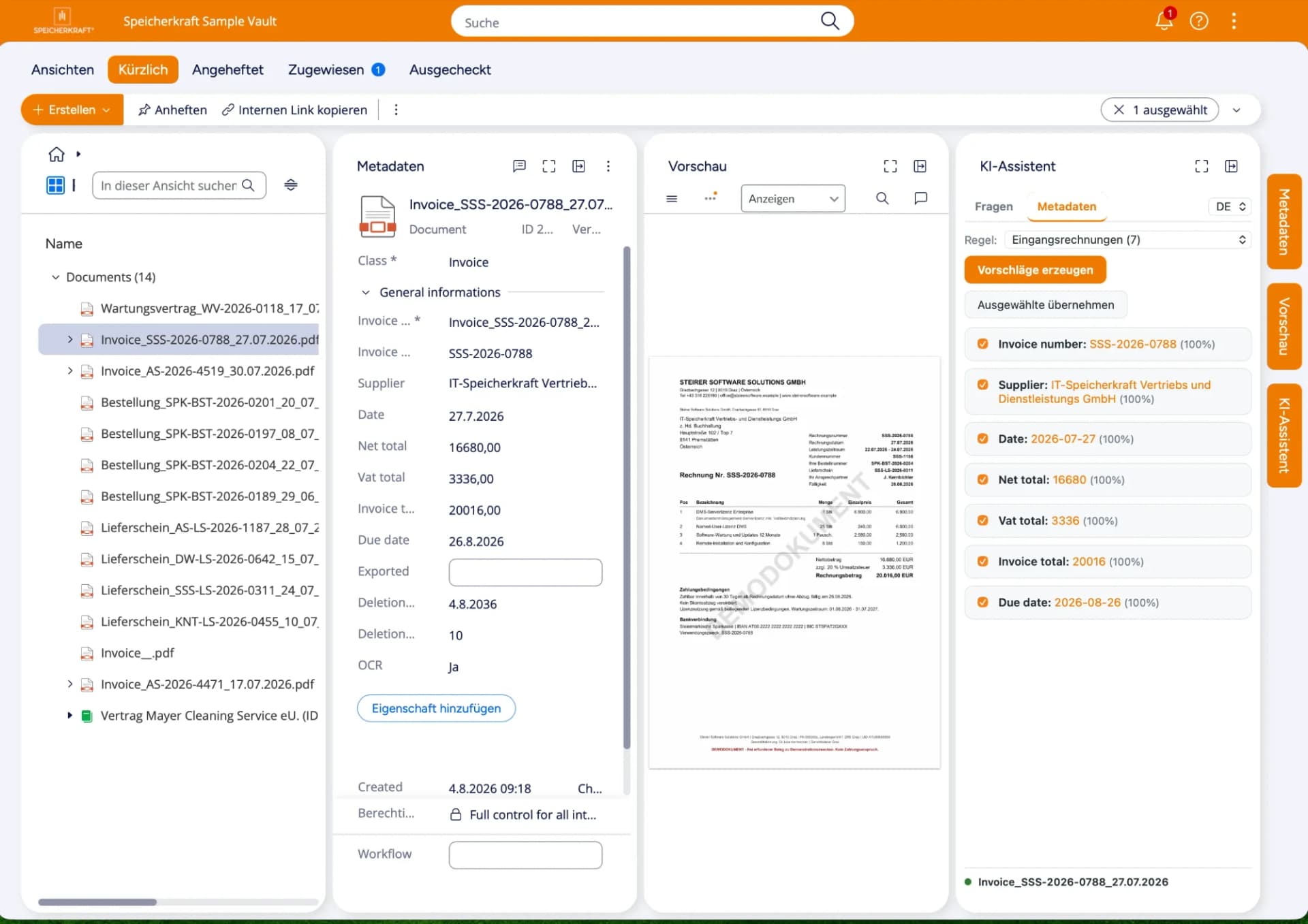 vaultkraft KI Assistent in M Files mit Metadaten Vorschlägen für eine Eingangsrechnung